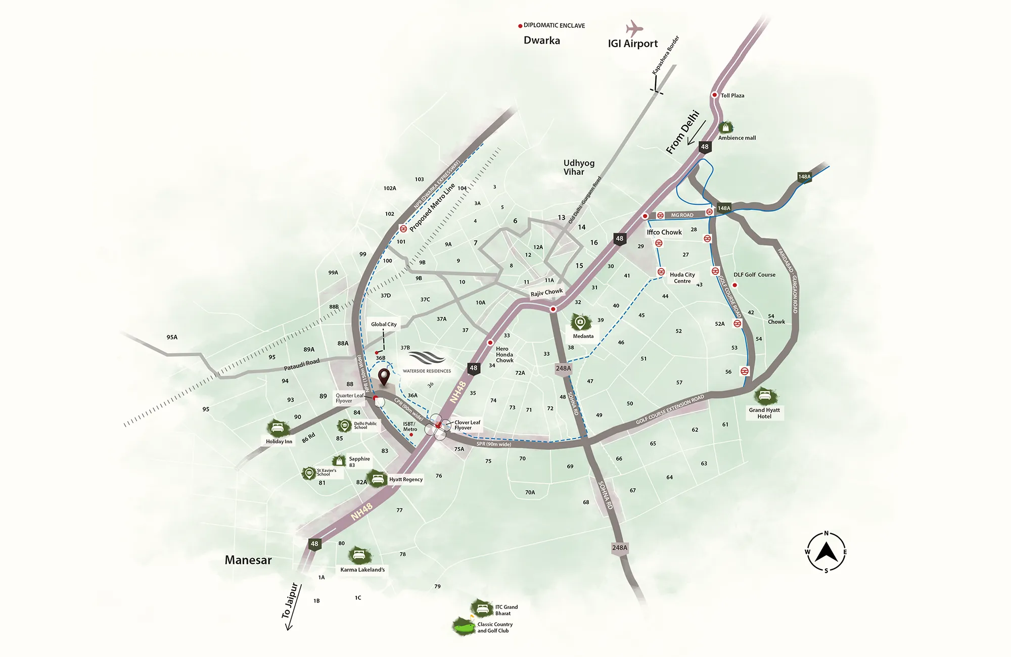 Location map of Krisumi The Forest Reserve Sector 36A Gurgaon showing distances to IGI Airport, Cyber City, NPR and Golf Course Road